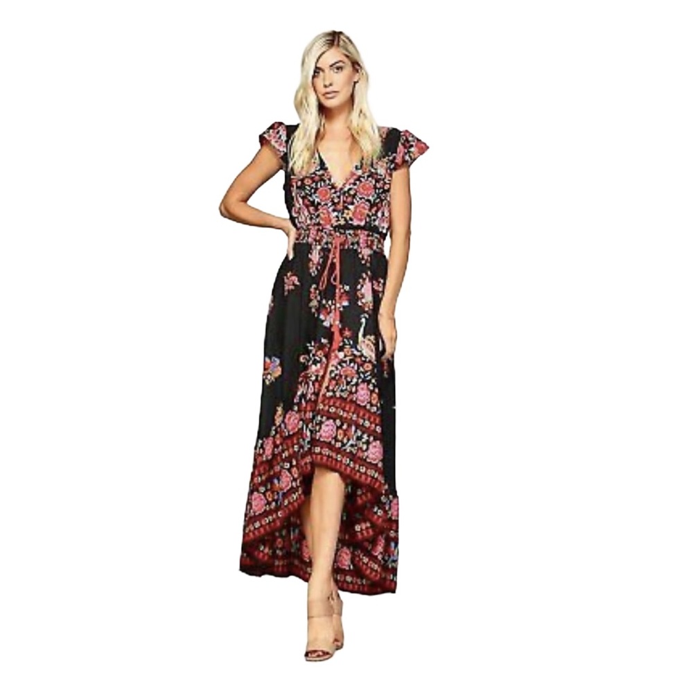 Rani Floral Black and Red Maxi Dress M